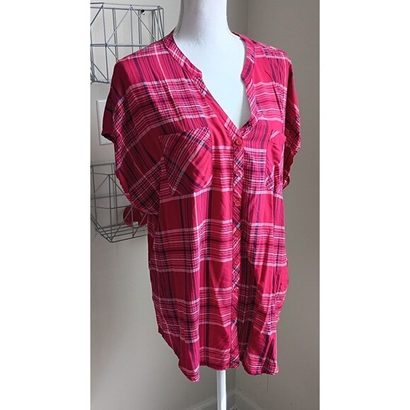 Torrid Red Challis Plaid button front short Dolman Sleeve blouse 2X - Picture 3 of 8
